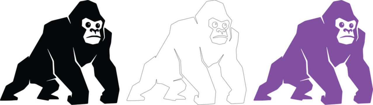 Gorilla silhouette and outline icon set silverback vector isolated on transparent background