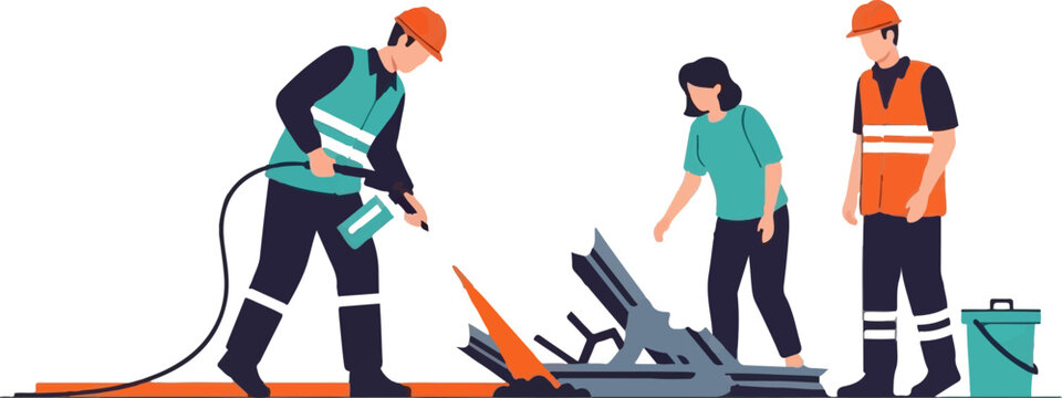Construction workers managing welding and safety operations together.