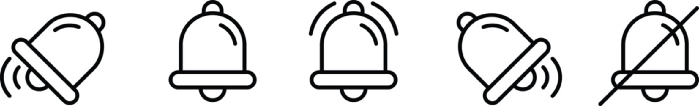 Modern outline bell icon collection displaying notification status active ringing alerts and silent mode symbols