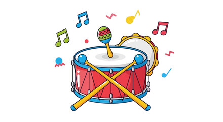 Colorful drum with crossed sticks and music notes.