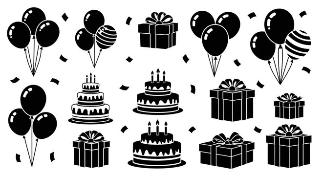 Black and white birthday celebration icons.