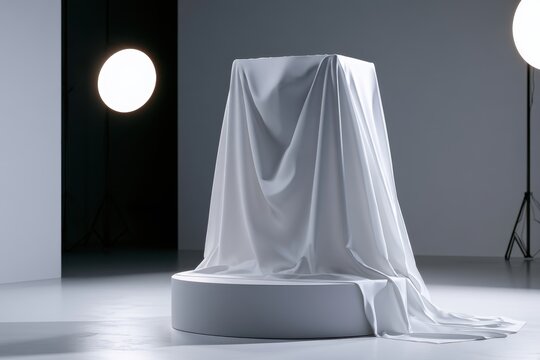 White draped fabric covering mystery object on round pedestal in studio with rim lighting for luxury brand launch and marketing teaser