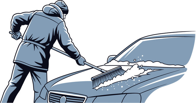 Man in winter clothing clearing snow from a car windshield with a snow brush