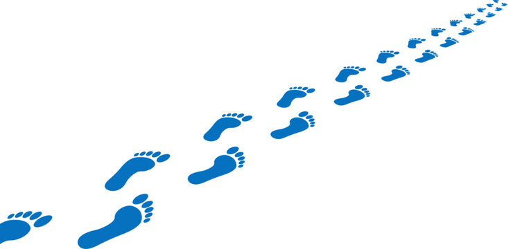 Abstract blue footprints walking away from camera on a white background, symbolizing progress, journey, or departure