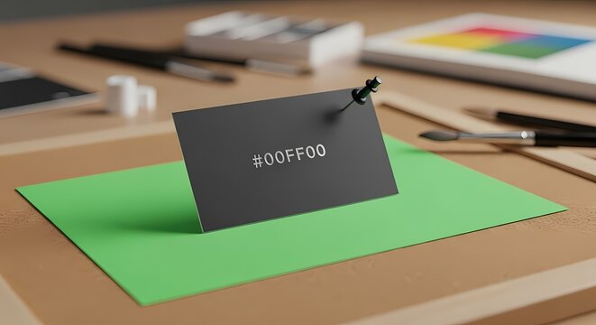 Hex Code #00FF00 On Grey Card Pinned To Green Paper, Design Concept