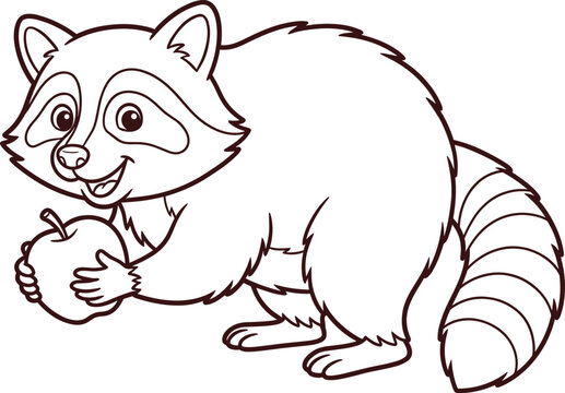 Cute Raccoon Holding an Apple Line Art Illustration for Children Coloring Book Isolated on White Background for Educational Activity and Creativity
