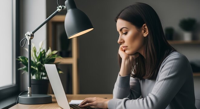 Young woman working on laptop at desk with desk lamp and plants
