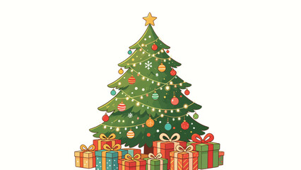 Naklejka premium Cute flat cartoon decorated Christmas tree with golden star topper, warm string lights, colorful baubles, snowflake decals, and stacked wrapped holiday gifts on soft plain white background