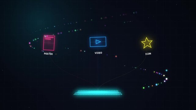 A digital representation of multimedia icons including a mobile device, video play button, and star, all connected by dotted lines and glowing effects, symbolizing digital entertainment