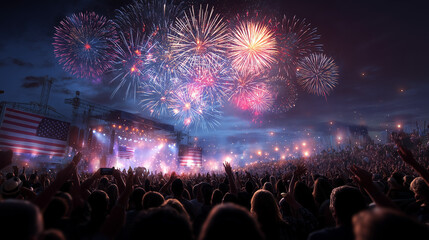 A massive crowd celebrates under a stunning night sky, illuminated by dazzling fireworks and patriotic American flags during a grand outdoor concert event.