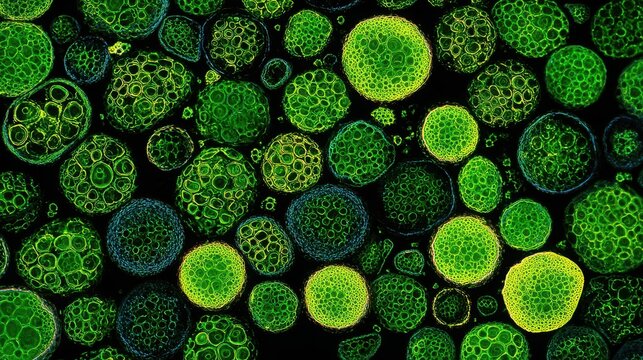 Vibrant Green Circular Structures on Dark Background in Abstract Design