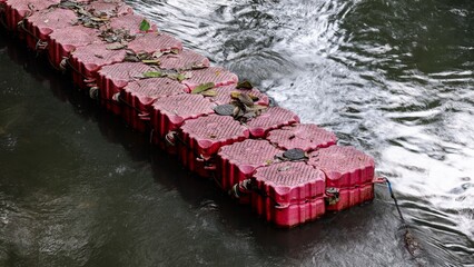 An outdoor close-up shot of a modular red plastic floating barrier line installed across a flowing river waterway to collect drifting surface leaves, debris, and environmental trash. © agung