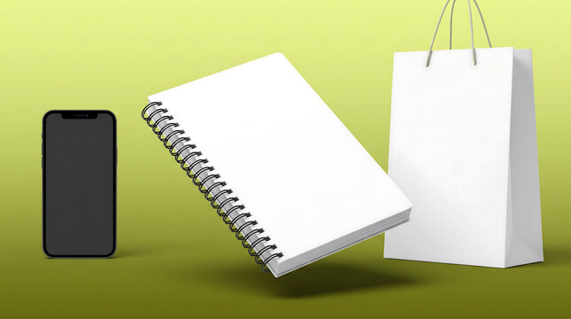 Floating Blank Spiral Notebook Mockup with White Shopping Bag and Smartphone on Olive Green Background