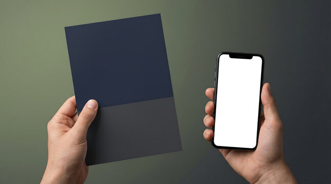 Man Hands Holding Blank Blue Paper Brochure and Smartphone with White Cutout Screen Mockup
