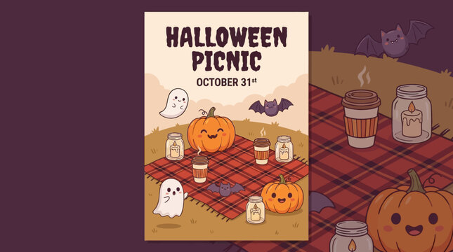 People gather for Halloween picnic on grass with pumpkins