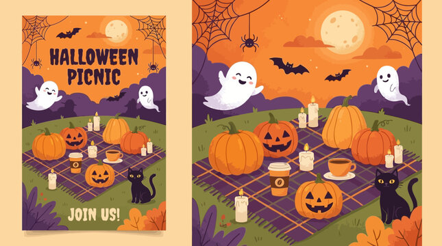 A spooky Halloween picnic scene with pumpkins and ghosts on a blanket