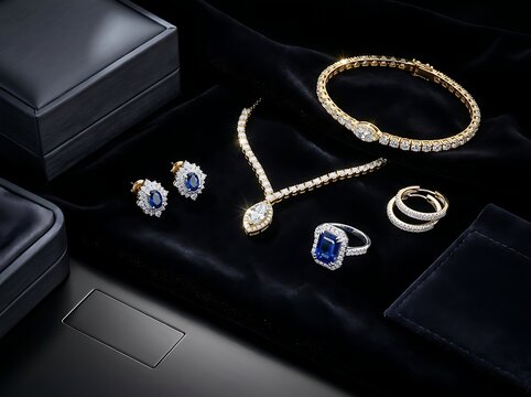 Elegant Diamond and Sapphire Jewelry Collection on Black Velvet