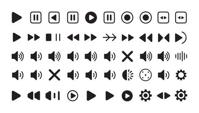 Set of multimedia player control icons including play pause and audio volume functions.