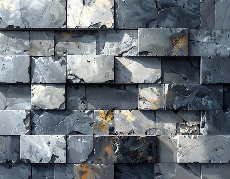 Close-up of a tiled wall with rectangular pieces, varying in shades of grey, some with orange/yellow accents