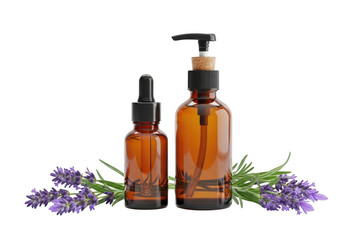 Fototapeta premium Three essential oil bottles with lavender flowers and stems on natural background