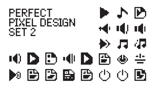 Pixel art icons for user interface design and media playback functions.