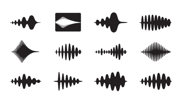 Abstract sound wave forms and audio signal visualizations.