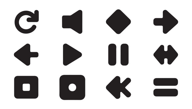 Set of basic media control buttons arrows and volume interface elements in black design.