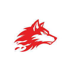 Red stylized wolf head illustration with dynamic flowing mane on white background © rahmat