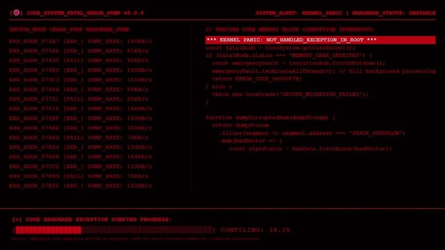 Red Cyber Security Terminal Displaying Core System Fatal Error Dump Kernel Panic Source Code And Hardware Exception Corruption Progress HUD Screen Background.