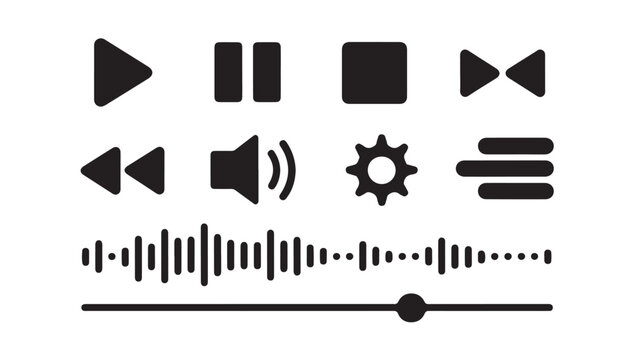 Set of multimedia player icons for audio and video interfaces in a modern flat design style.