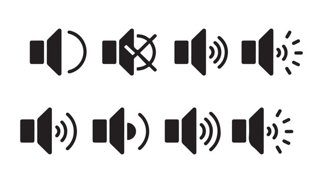 Various speaker volume level icons for audio settings and sound control panel interfaces.