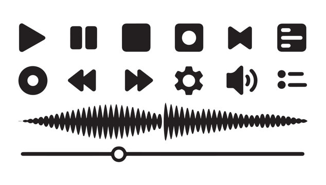 Collection of black icons for media player interface and audio waveform vector.
