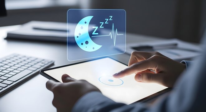 Digital health technology concept sleep monitoring with tablet and glowing icon