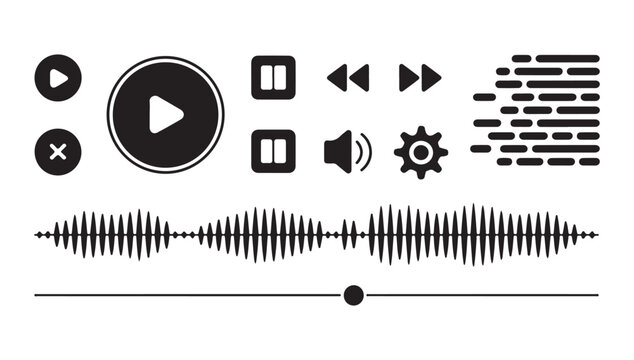 Comprehensive ui kit with playback control buttons and audio wave progress bars for design.