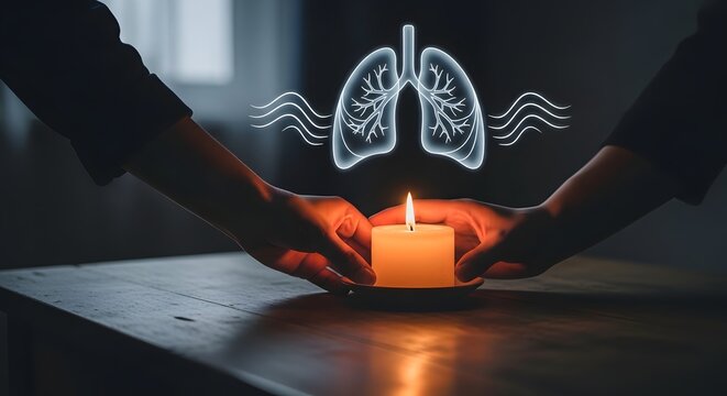 Hands holding a candle with glowing lungs illustration respiratory health concept
