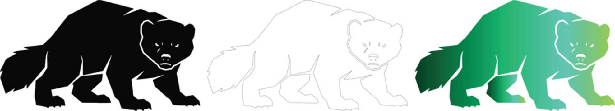 Wolverine vector logo set with black silhouette, outline, and green gradient on transparent
