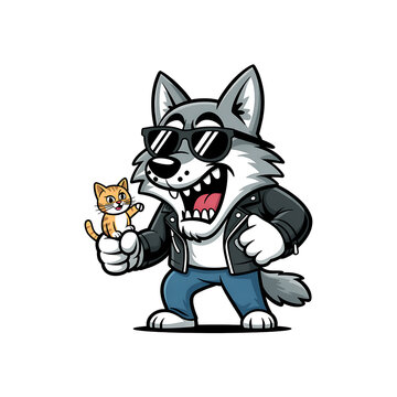 Funny Cartoon Wolf in Leather Jacket and Sunglasses Holding a Cute Kitten, Alpha Wolf Illustration