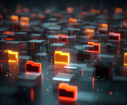 Glowing 3D folders on a digital data array representing quantum computing cybersecurity, secure server cloud storage, information privacy breach, and abstract advanced network encryption technology.