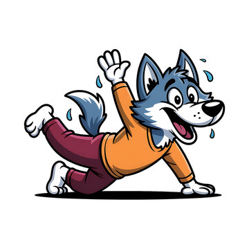 Funny Cartoon Wolf Attempting a Yoga Pose and Losing Balance, Cute Animal Fitness Illustration