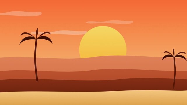 Sunset over a desert landscape with two palm trees standing tall