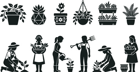 Naklejka premium Gardening themed silhouettes with plants in pots, hanging baskets, and various garden tools; also includes silhouette illustrations of people gardening, watering plants, and harvesting vegetables.