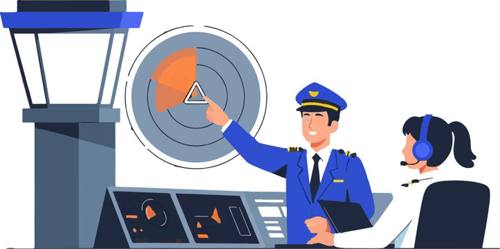 Air traffic controllers managing flights in control tower.