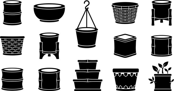 Wide variety of black silhouettes for empty garden pots planters and containers including hanging baskets tiered trays bamboo styles and classic ceramic vessel shapes.