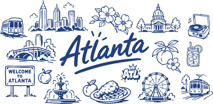 Atlanta Travel Vector Set with Skyline, Peach, City Icons, Food, Transit and Southern Landmarks