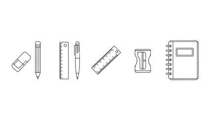 Obraz premium Line icons of school and office supplies including pencil, eraser, ruler, and notebook on white background