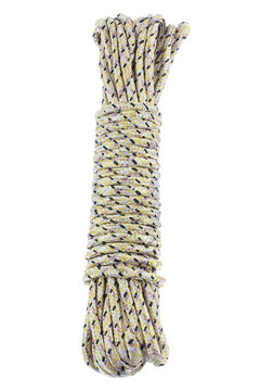 Coiled rope rests against plain white background. Twisted fibers form durable, textured strands. Light, neutral tones suit outdoor or utility use. Ideal for climbing, camping, or general gear needs. 