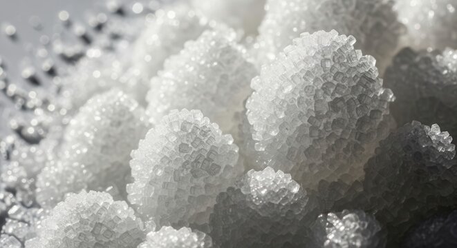 Macro Close Up Of White Granulated Sugar Crystals.