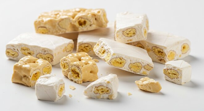 明るい光が照らす白い背景で様々な食感と甘さが魅力のヌガーが美味しそうに並ぶ. AI Generated