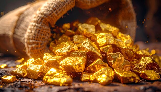 Golden nuggets spill from a burlap sack. Light catches every rough, gleaming edge
