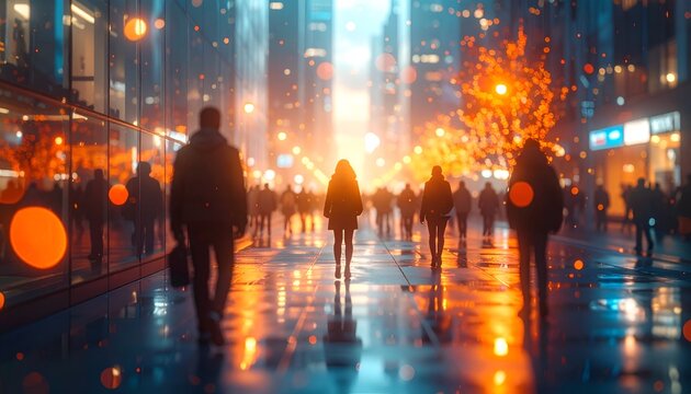 Rain-slicked city streets glow with orange streetlights. Silhouettes of people walk